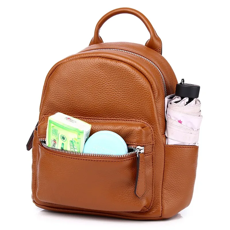 Small Women Leather Backpack Fashion Simple Casual Lady Rucksack Soild Zipper Girl Backpack Genuine Leather Travel Backpack Bag