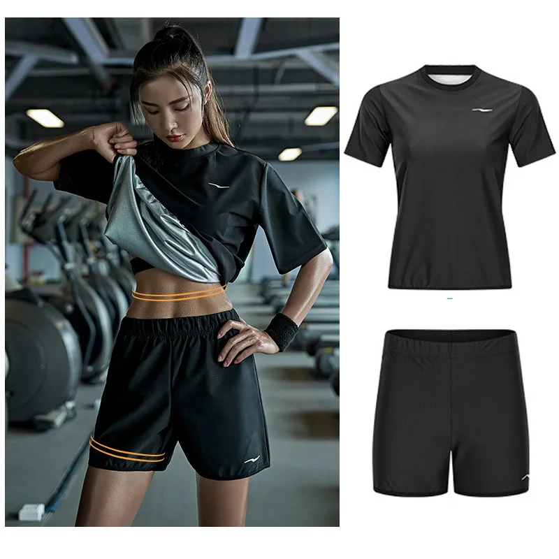 Traje de sudor de Sauna para mujer, chándal de entrenamiento de boxeo duradero, camisa de manga corta, pantalones cortos, ajustes sueltos, ropa deportiva, ropa de yoga