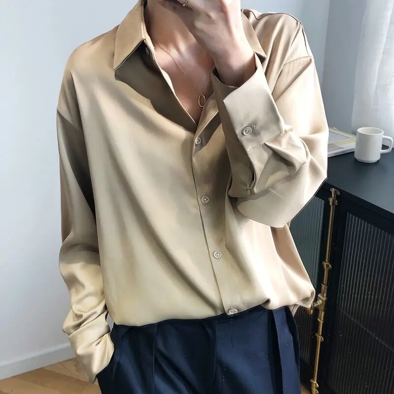 Vintage Elegant Office Ladies Solid Satin Shirts 2020 Fashion Women Blouses New Long Sleeve Turn Down Collar Loose Tops 12534