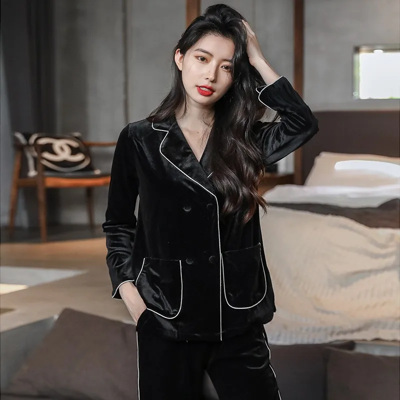 Velvet Sleepwear Autumn Winter New Women Pajamas 2 Pieces PJS Set Casual Nightwear Lounge Wear Velour Intimate Lingerie Homewear