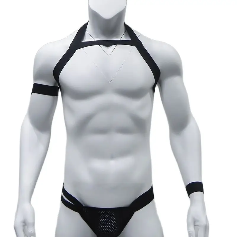 CLEVER-MENMODE Body pecho arnés para hombre cinturón lencería tangas conjunto Sexy elástico hombro Bondage correa G-string disfraz brazalete