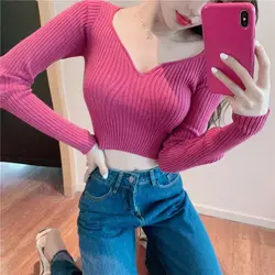 Woman Sweaters Femme Chandails High Waist Crop Top Tight Sexy V-neck Knitwear Sweater Pull Hiver