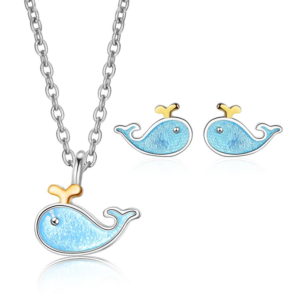 Authentic 925 Silver Color Jewelry Sets New Fashion Blue Little Whale Pendant Necklace Stud Cuff Earrings for  Woman Gift