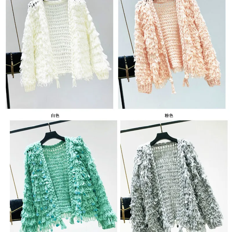 3D Hook Flowers Tassels Circles Sequins Knitted Cardigan Crochet Beading Sweater Fringed Elegant Sweaters Sueter Mujer Korean