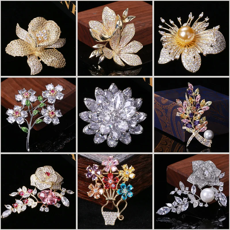 Korean Luxury Cubic Zirconia Camellia Daisy Brooches for Women Elegant Bouquet Brooch Pin Fashion Wedding Jewelry Dress Corsage