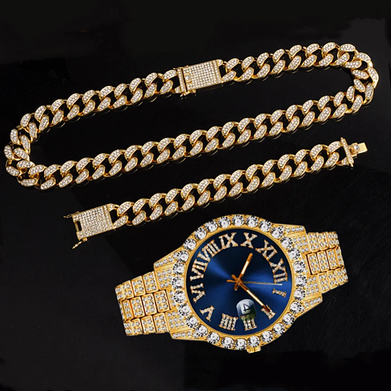 Quarz Luxus Gold Splitter Uhr für Männer Voller Iced Out Uhr Männer Bling Miami Kubanischen Kette Strass Armband Halskette Schmuck set