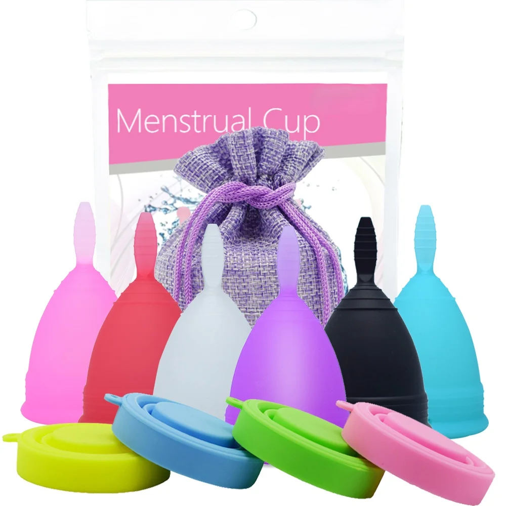 

2PCS Women's Feminine Hygiene Colorful Reusable Medical Grade Collector Menstrual Silicone Menstrual Cup with Sterilize Cup