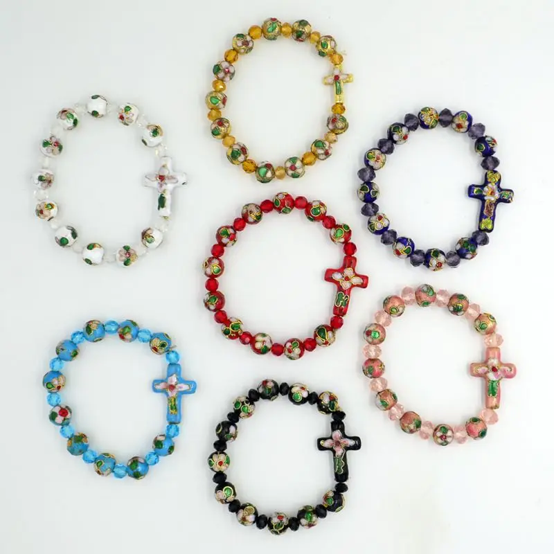 

7pc/lot Cloisonne Rosary Beads Bracelets Sideways Cross Pendant Crystal Rhinestone Enamel Handmade Religious Bracelet