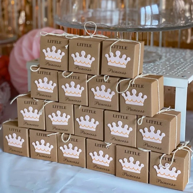 20pcs Cute Princess Prince Kraft Paper Candy Box Baby Shower Gifts For Guests Babyshower Boy Girl 1st Birthday Gift box Party