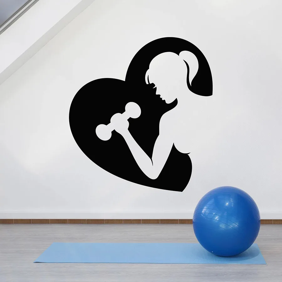 Gym Wall Decal Fitness Club Interior Decor Sport Beauty Girl Dumbbell Posture Vinyl Window Stickers Love Heart Art Mural C062