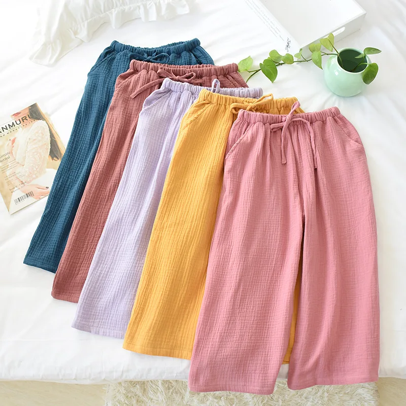 2025 summer new couple 100% cotton crepe cloth pants large size loose home pants multicolor men's cropped pants women's shorts