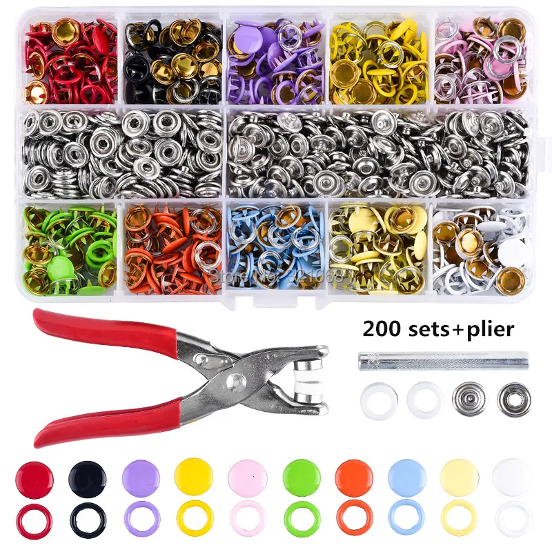 Plier Tool 100/200 Set 10 Color Metal Sewing Buttons Hollow/Solid Prong Press Studs Snap Fasteners for Installing Clothes Bags