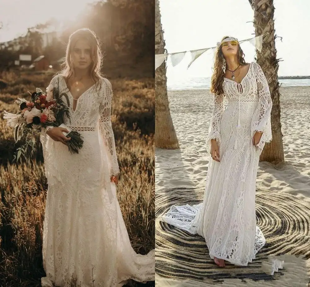 Böhmisches Spitzenhochzeitskleid für die Braut, V-Ausschnitt, ausgestellte lange Ärmel, sexy, rückenfrei, Strand-Brautkleider, Sommer, lange Robe, individuell gestaltet