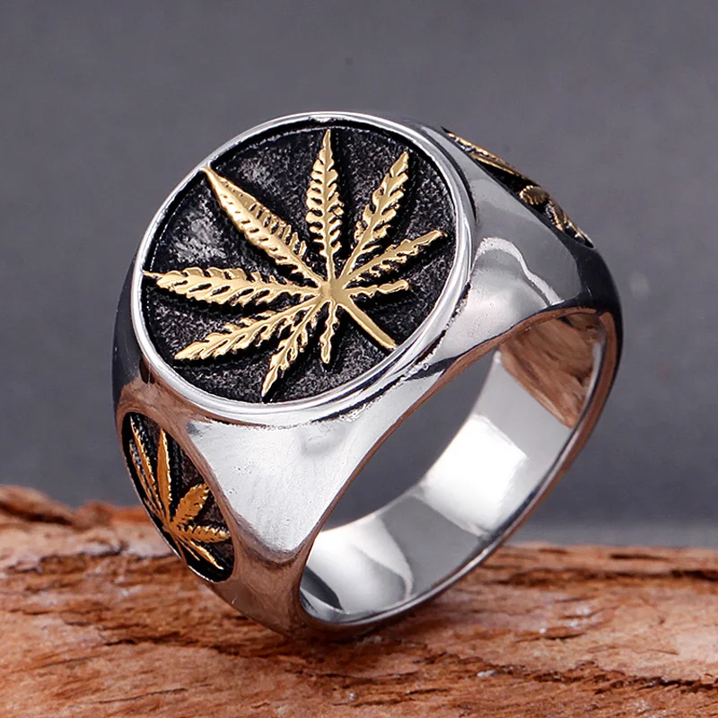 Motor Biker Maple Leaf Ring 316L Stainless Steel Men Boys Gold/Silver Color Signet Ring Cool Man Rock Punk Biker Ring Wholesale