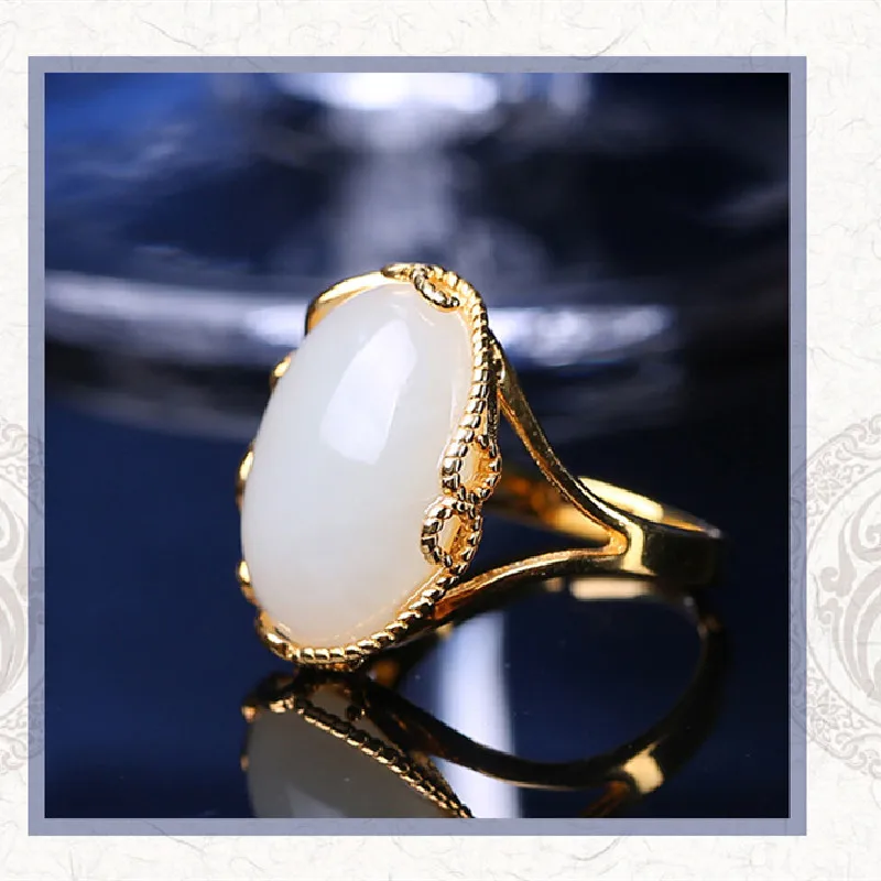 

S925 Sterling Silver Inlaid Natural Hetian White Jade Ring Hollow Crochet Design