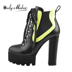 Onlymaker Women Chunky High Heel Platform Ankle Boots Lace Up Round Toe Fashion Plus Size Autumn Thick Booties