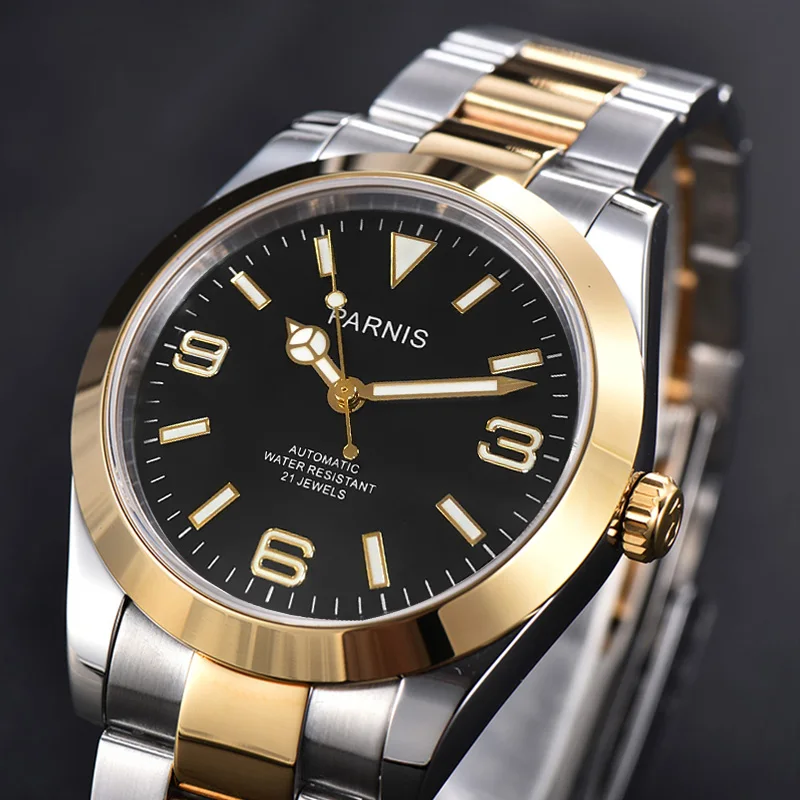 

Parnis Miyota8215 Automatic Men's watch Black Dial Gold Plated Sapphire Glass 316L Band Polished Bezel Luxury Luminous 39.5mm