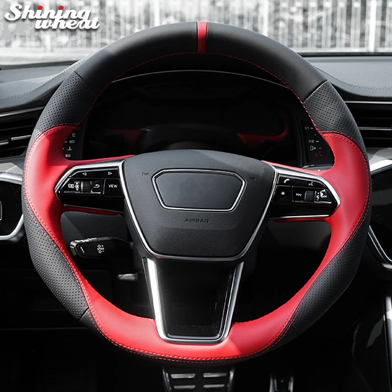 

Shining wheat Genuine Leather Car Steering Wheel Cover for Audi A6 (C8) Avant Allroad 2018-2019 A7 (K8) 2018-2019 S7 2019