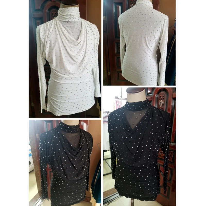 Latin Dance Costume Men Rhinestone Tops High Collar Ballroom Dancing Competition Shirt Long Sleeves Samba Salsa Clothes DNV13902