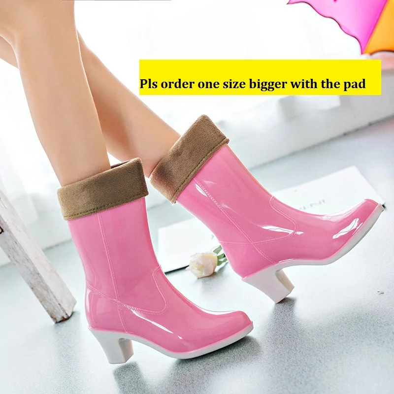 Botas de lluvia de tacón alto para mujer, zapatos de goma impermeables a media pantorrilla, rosa, azul, chanclos antideslizantes para niñas, colores