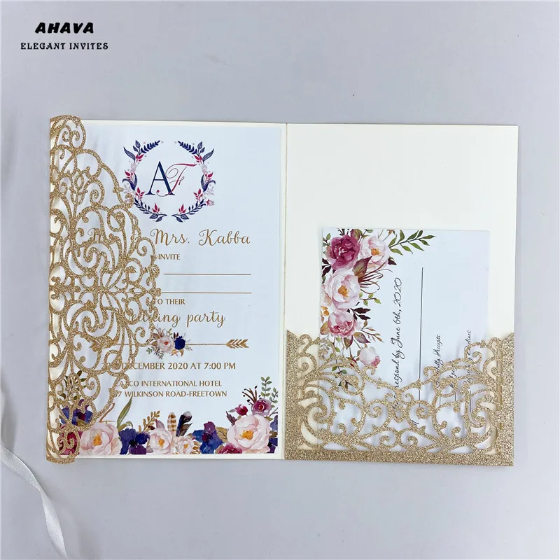 

60PCS Glitter Rose Gold Elegant Flower Laser Cut Wedding Cards Glitter Shining Invitation Pocket for Wedding with Envelope