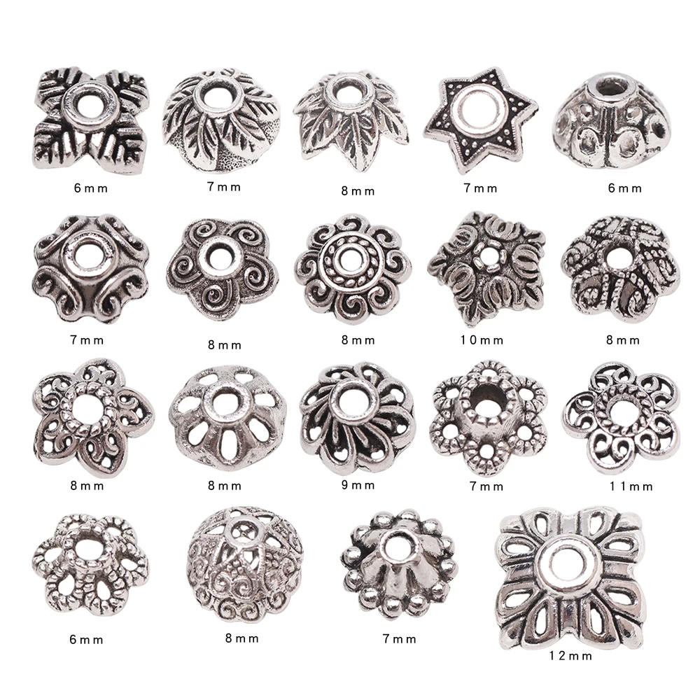 50PCS Metal Hollow Beads Alloy End Caps Tibetan Silver Separate Beads with Alloy Flower for DIY Necklace Bracelet Jewelry Making
