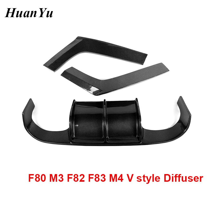 3pcs/Set F80 (M3) F82 F83 (M4) Carbon Fiber Diffuser with Splitter for BMW 3 & 4 Series M4 Back Rear Rear Lip Wings 2014+ V Type