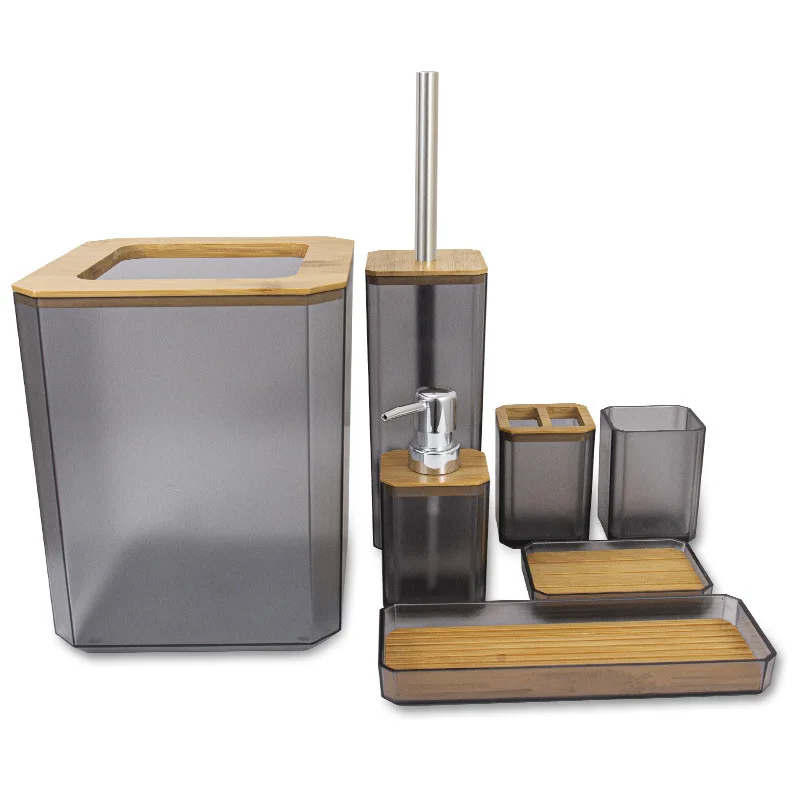 Bamboo Bathroom Accessories Set Plastic Bathroom Kit Soap Dispenser, Toothbrush Cup, Soap Dish, Toilet Brush Holder,Trash Can