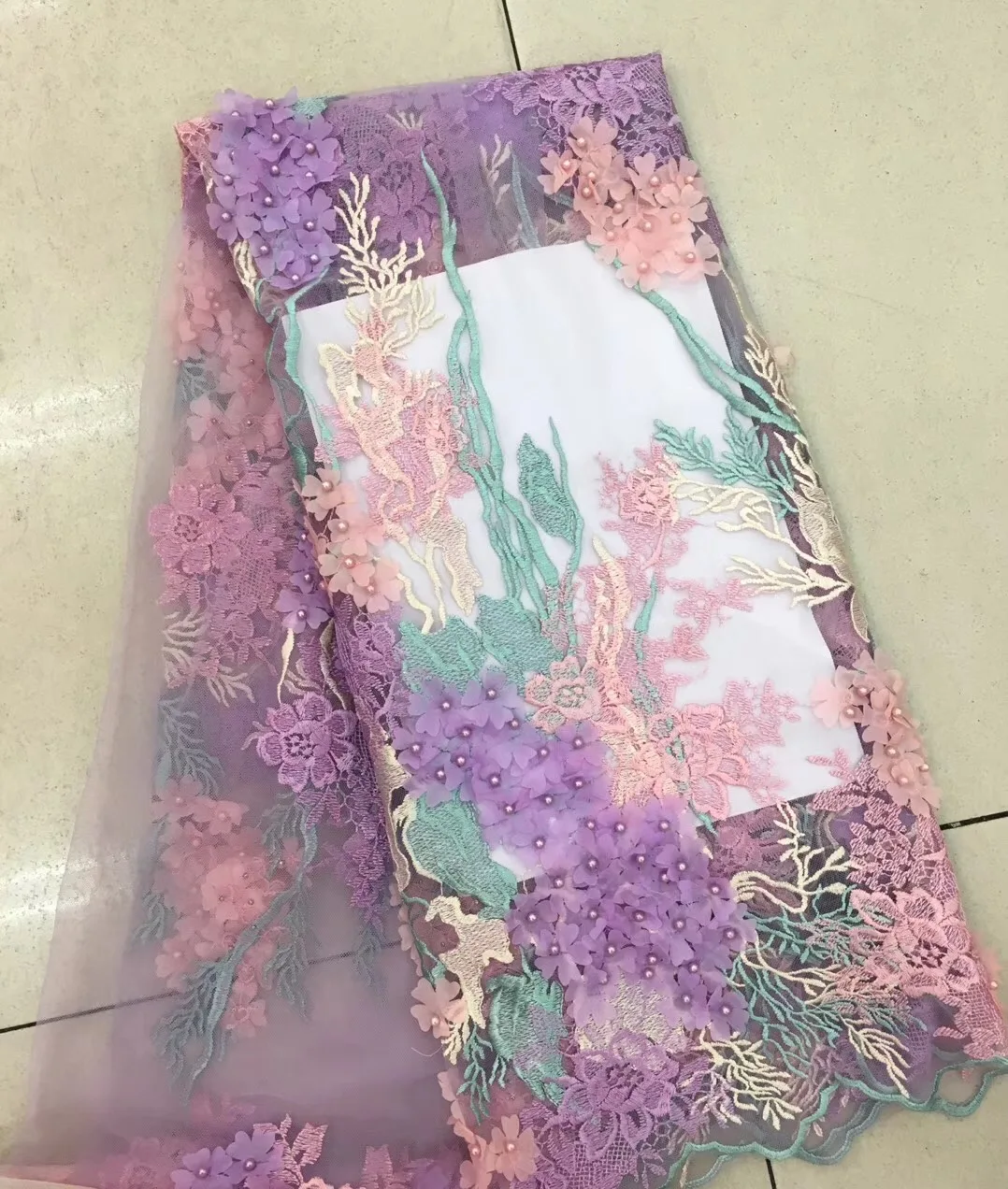 

3d lace fabric with beads 5yard fashion PURPLE african lace fabric 2021 high quality 3d flower fabric for dress RF25221