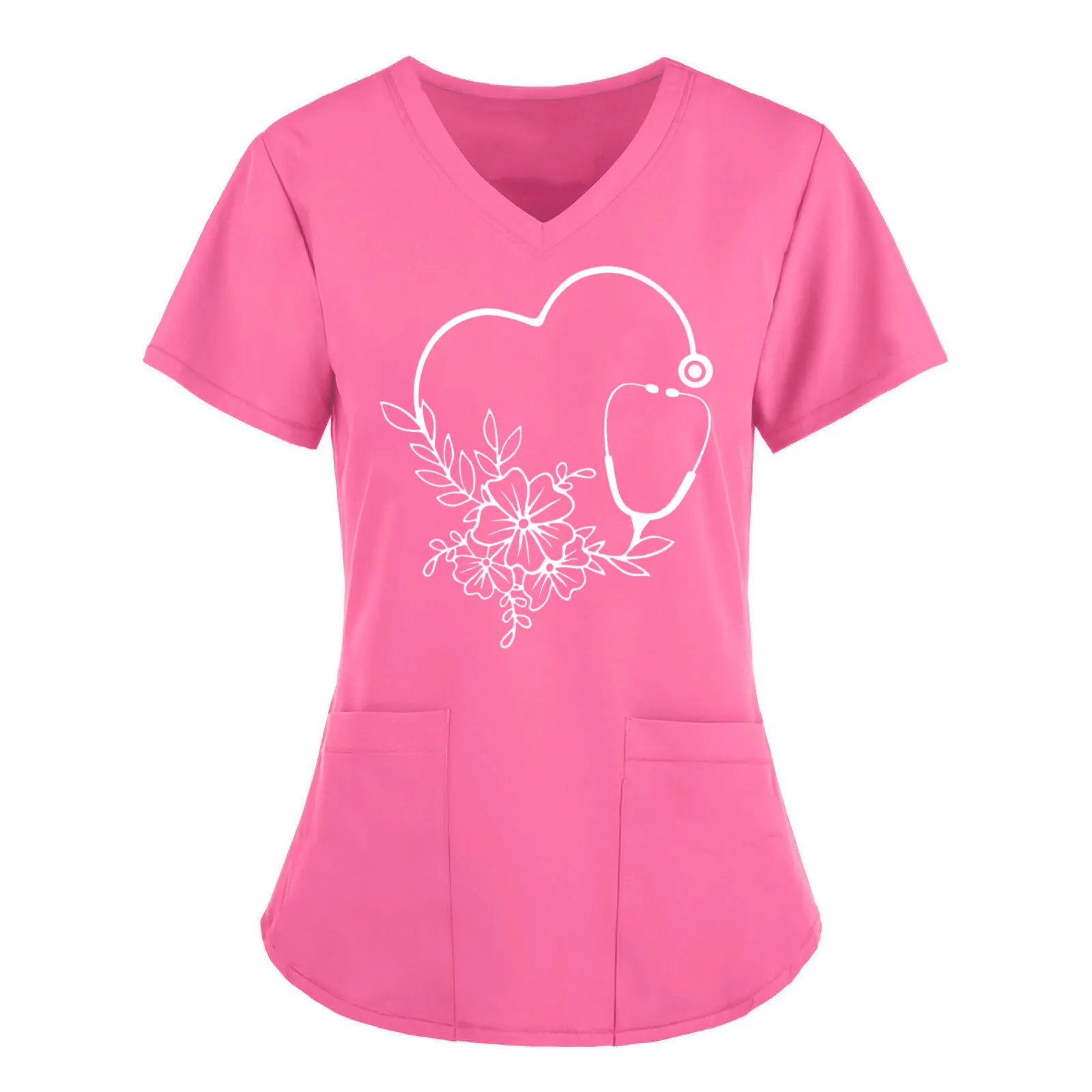 Uniforme de Enfermeira Pescoço V feminino, Camisas de Manga Curta, Tops De Bolso Impresso Flor, Roupas De Trabalho De Enfermagem