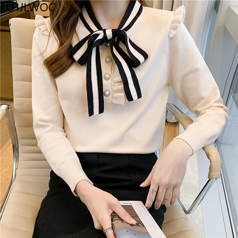 New Year Fall Winter Basic Pullovers Jumpers Long Sleeve Casual Loose Japan Cute Sweet Girl Striped Bow Tie Red Knitted Sweaters