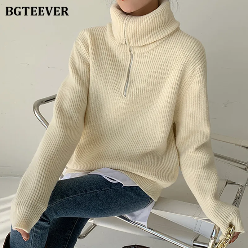 BGTEEVER Fashion Thick Turtleneck Zipper Pullover Sweaters Women Loose Long Sleeve Female Solid Knitting Jumpers Autumn Winter