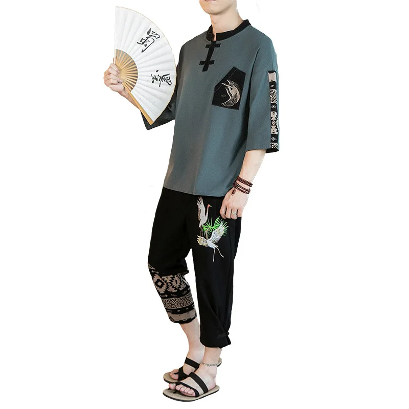 

Summer New Style Youth Men's Casual Sun Protection Suit Cardigan Dragon Pattern Dark Pattern Male 7-Points Sleeves Top+Trousers