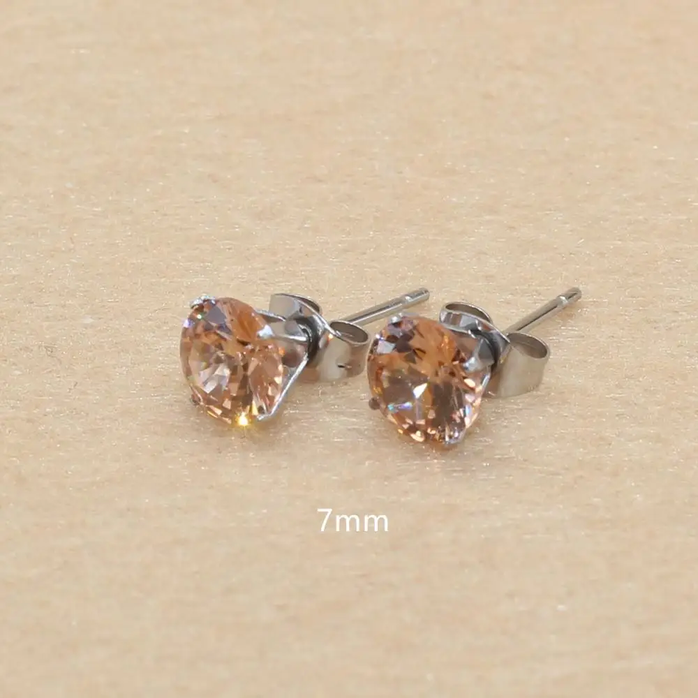 7mm AAA Round Colorful Yellow Zircons Stud Earrings With Stianless Steel Needle Brief Jewelry 20 Colors For Choose No Allergy