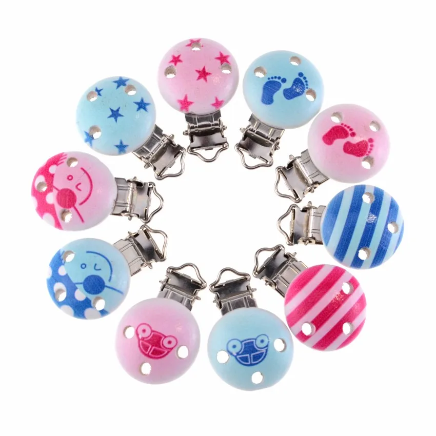 5PCs Baby Pacifier Clips Blue Star print Wood Metal Holders Cute Infant Soother Clasps Funny Accessories 4.8x2.9cm