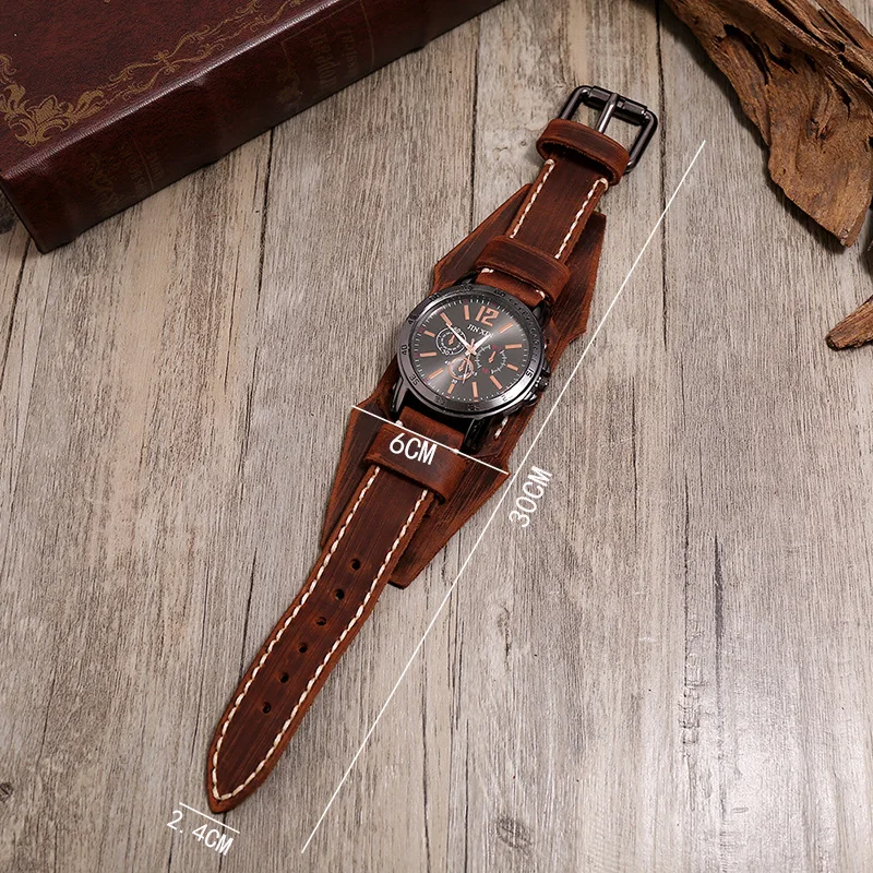 2023 Cowhide Strap Relógios Homens Estilo Punk Moda Retro Wide Leather Band Watch Preto Big Dial Wristwatch Men Bangles