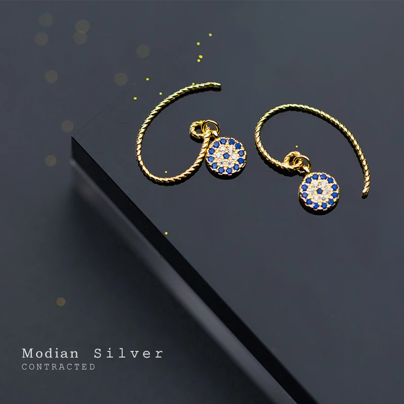 

Modian New Blue Crystal Round Eyes Dangle Earrings for Women 925 Sterling Silver Gold Color Fashion Party Jewelry Gifts