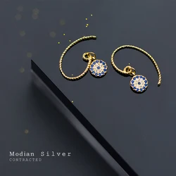 Modian New Blue Crystal Round Eyes Dangle Earrings for Women 925 Sterling Silver Gold Color Fashion Party Jewelry Gifts