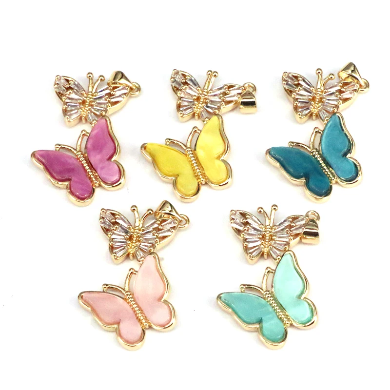 

10PCS, CZ Micro Pave Butterfly Pendants, Mix Color Acrylic Butterflies, Double Bufferfly Charm