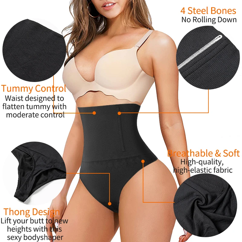 High Waist Body Shaper Thongs Shapewear for Women Panties Tummy Control Slimming Seamless Underwear Nude Black T-Back Brief