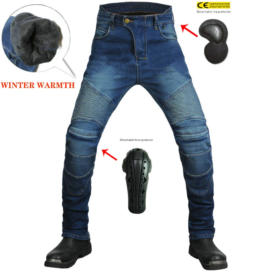 Motorcycle Winter High Waist Jeans Outdoor Riding Fleece Knee pads and hip pads Protector Moto Protect Jeans New 2021 Selling