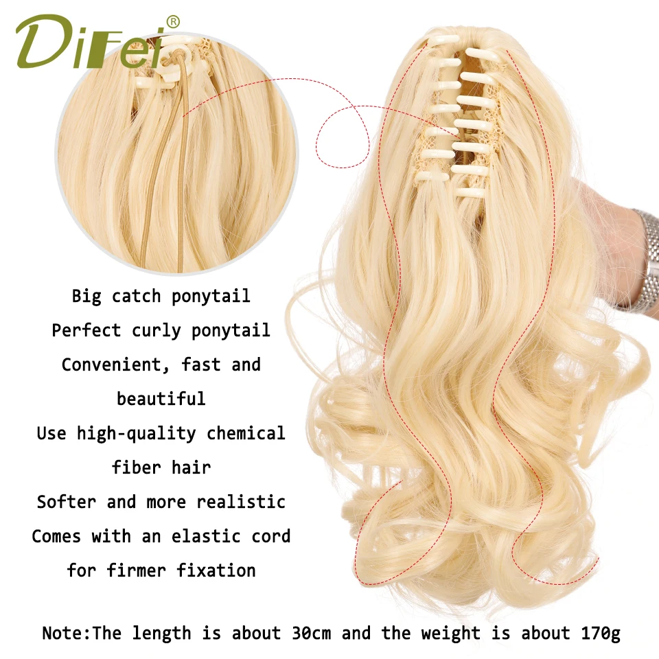 DIFEI Synthetic Wig Hairpin Ponytail Hair Extension Wig Natural Black Heat-resistant Women\'s Wig Clip Ponytail Curly Hair