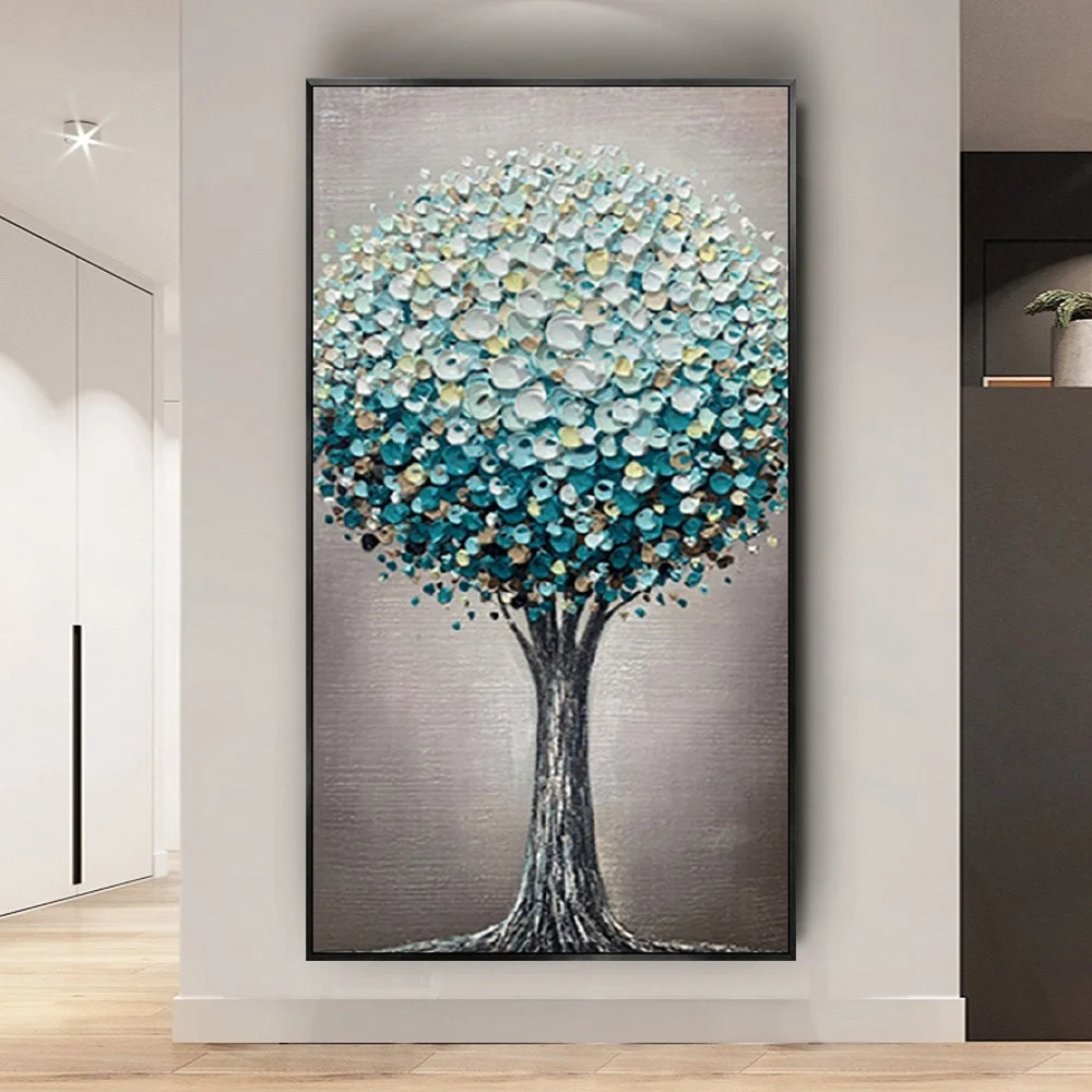 The Latest Design Blue 3d Texture Wall Picture Hand Painted Oil Paintings On Canvas The Beautiful Wealth Tree For Home Decor Art