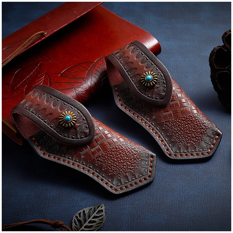 

2pcs Genuine Cowhide Folding Knife Sheath Scabbard Waist Case Turquoise Buckle First Layer Leather for EDC Pliers Bag Cover Belt