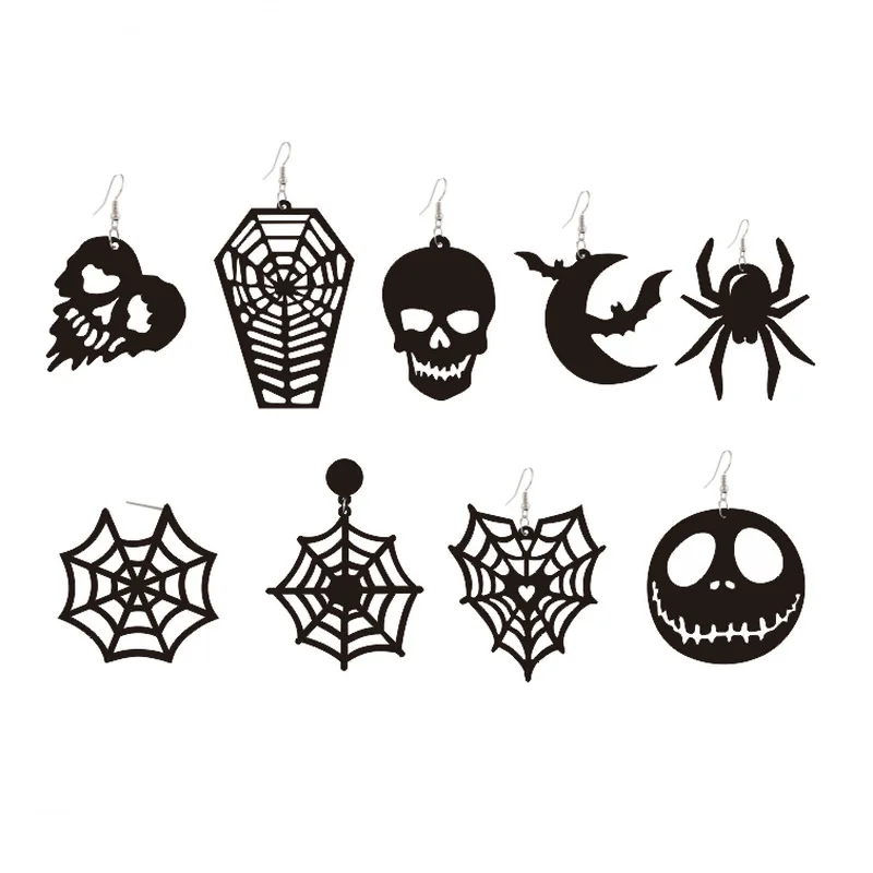 Pendientes acrílicos negros de Halloween, pendientes de calavera de amor, murciélago de araña aterrador, calabaza, Luna, ataúd