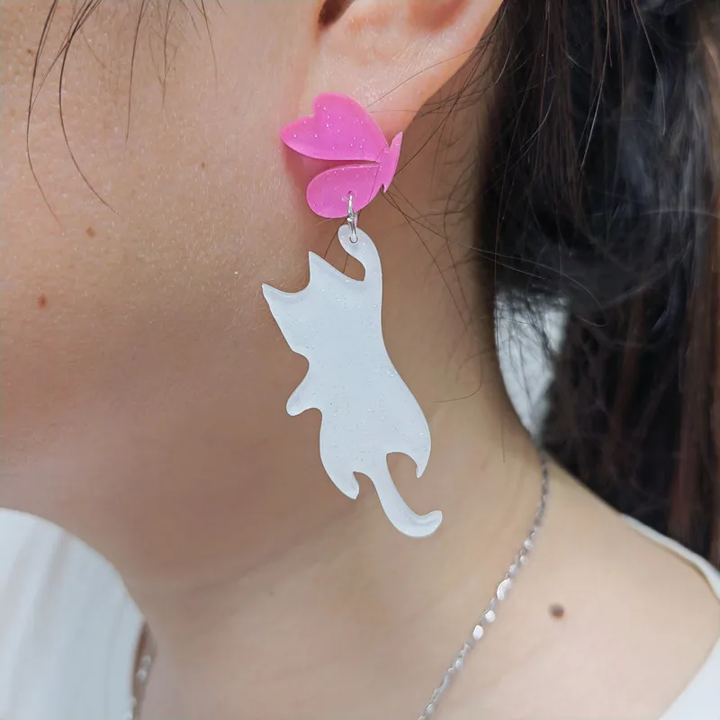 KUGUYS Cat Catches Butterfly Drop Earrings for Women Glitter Pink White Kittens Acrylic Jewellery Cute Girls Kids Accessories