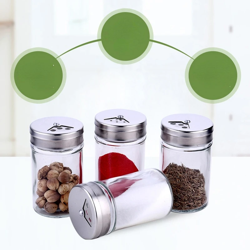 Transparent Glass Seasoning Bottle Salt Shaker Stainless Steel Rotating Lid Kitchen Utensils Pepper Shaker Barbecue Set