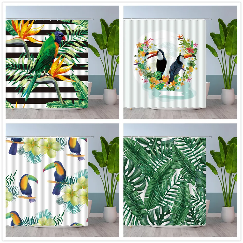 Green Plant Leaf Shower Curtains Water Color Parrot Toucan Forest Landscape Bathroom Decor Polyester Cloth Hanging Curtain Set