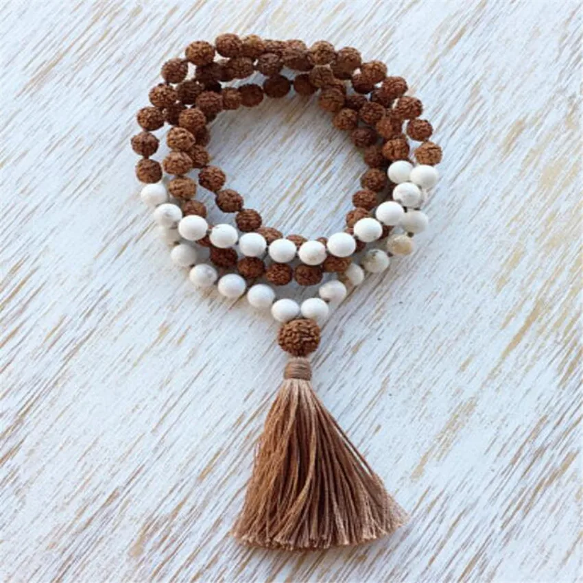 

8mm Rudraksha Howlite Gemstone mala necklace 108 Beads energy Stress Buddhist Reiki natural Prayer Men