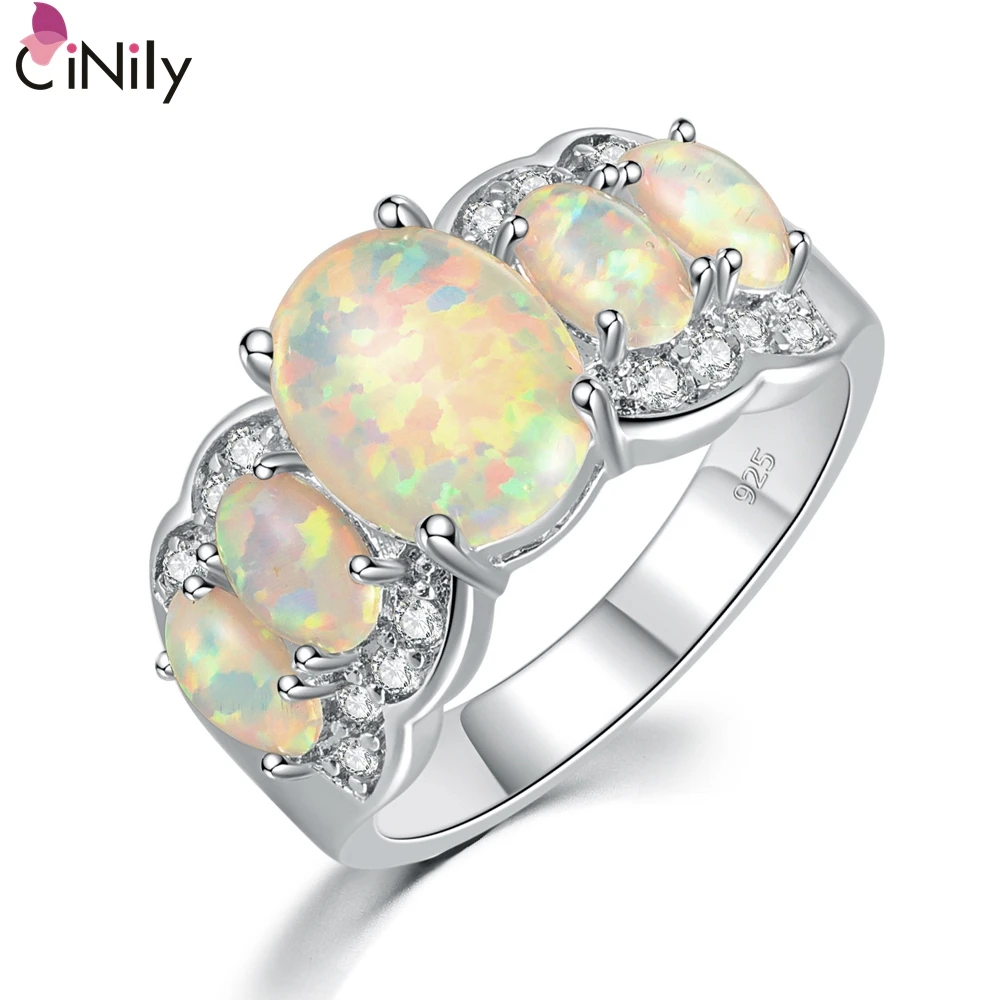 CiNily White Fire Opal Wide Finger Rings Silver Plated Large Oval Stone CZ Crystal Filled Ring Luxury Cocktail Jewelry Female